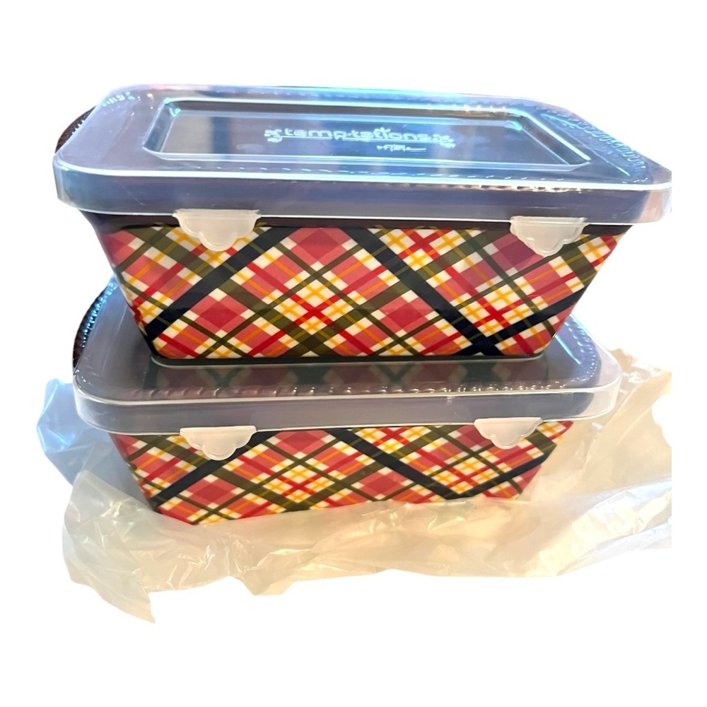 Temptations pair of mini ceramic loaf pans multi plaid with clear plastic cover